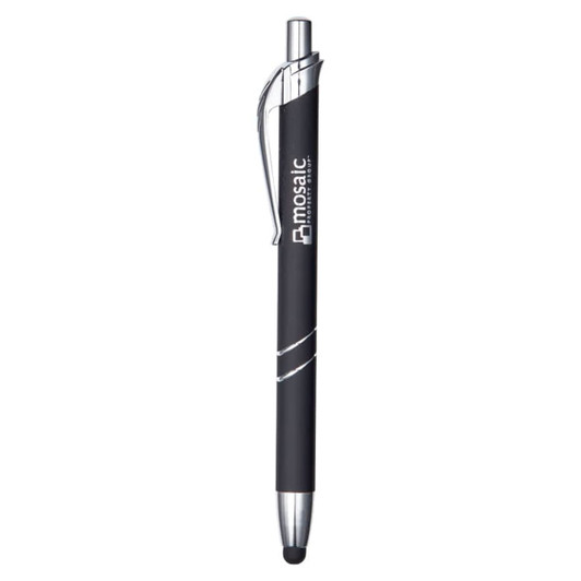 A black metal pen with a chrome clip and a branding logo, featuring a stylus tip for touch screens.