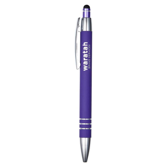 A purple metal pen with a silver clip and stylus tip, featuring a logo on the barrel.