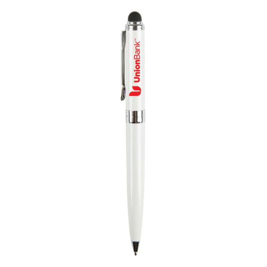 A white stylus pen with a black writing tip and a branding logo on the upper part.