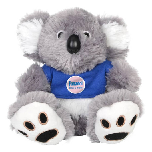 A grey plush koala with a blue shirt and white accents, featuring a small logo on the shirt.
