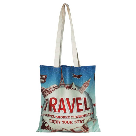 A full-colour cotton tote bag featuring travel-themed graphics and a logo, with light-coloured straps.