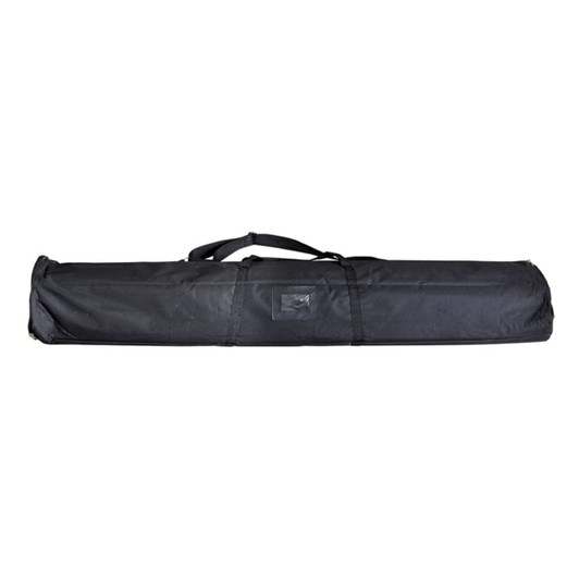 A black carrying case for a roll-up banner, featuring a handle for easy transport.