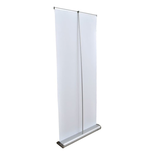 A white 850mm roll-up banner with a silver base and support pole, featuring a simple design.