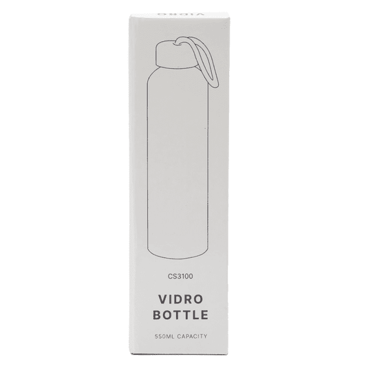 A drink bottle with a sleek design, featuring a lid and an attached carrying loop, in white packaging.