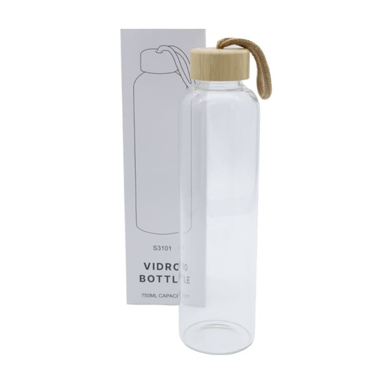 A drink bottle with a clear glass body, wooden lid, and a rope loop, showcasing a minimalist design.