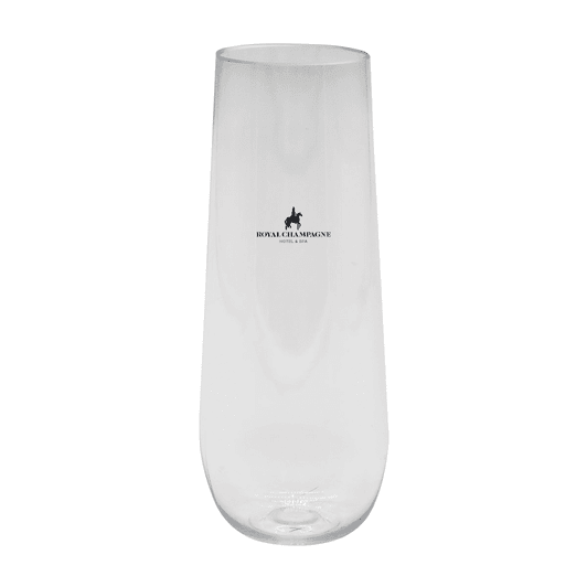 A clear, stemless shatterproof champagne glass featuring a logo, suitable for drinkware.