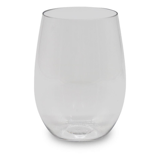 A clear, stemless shatterproof red wine glass with a smooth, rounded shape. Features branding on the side.