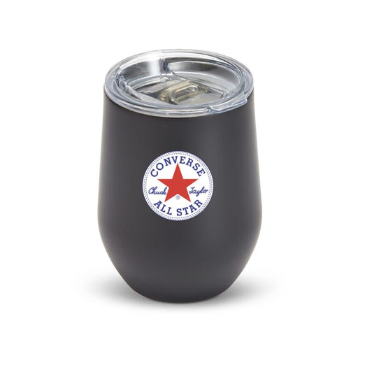 A drink bottle in matte black with a transparent lid and a logo. It features a rounded bottom and holds 350mL.