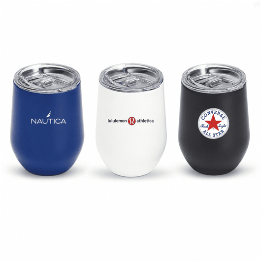 Three insulated mugs with lids in blue, white, and black, featuring different logos.