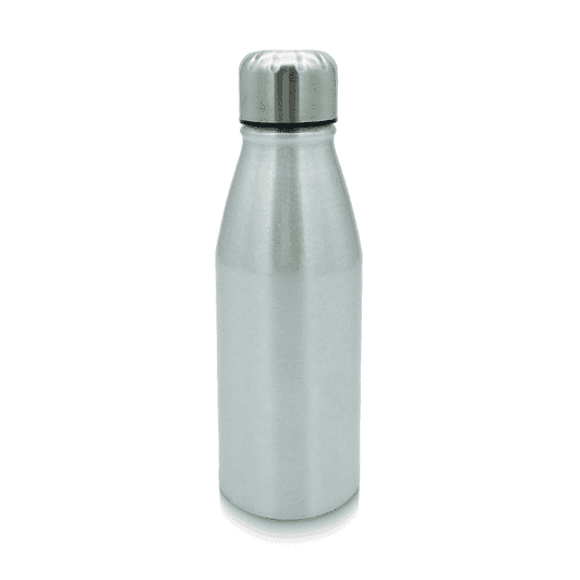 A drink bottle made of aluminium, featuring a sleek silver design and a stainless steel cap.
