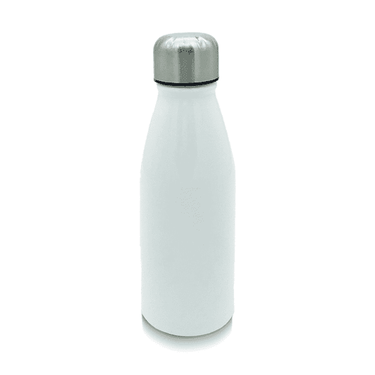 A drink bottle in white aluminium with a stainless steel lid and a logo on its surface.