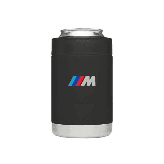 A black stubby cooler with a silver base, featuring a branded logo on the front.