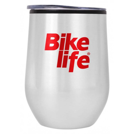 A drink bottle in a silver stainless steel finish with a black lid and a red logo.