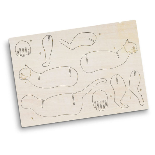 A wooden model kit featuring various cat shapes, labelled parts, and a light wood finish. Includes a branding logo.