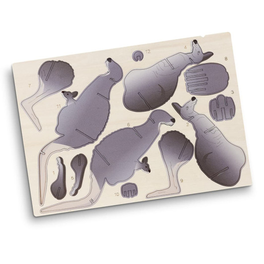 A wooden model kit featuring various kangaroo shapes ready for assembly, displaying grey and natural wood colours.