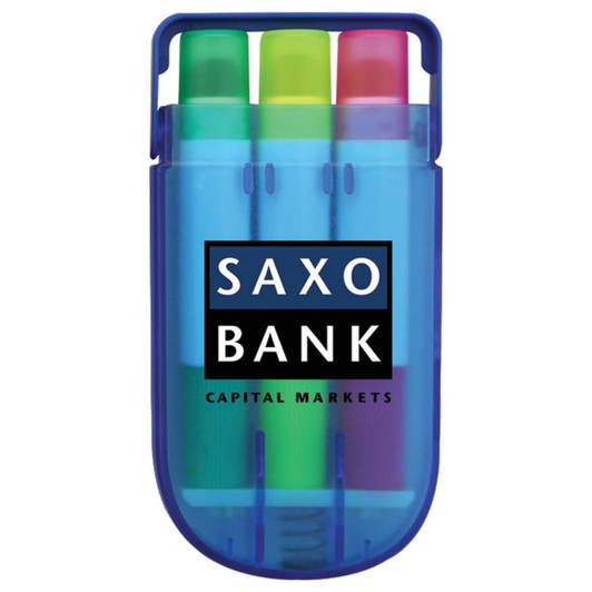 A set of highlighters in a blue case featuring green, pink, and yellow colours, with a logo on the front.