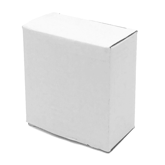 A small, plain white box with a flap lid, featuring a simple, unmarked design.