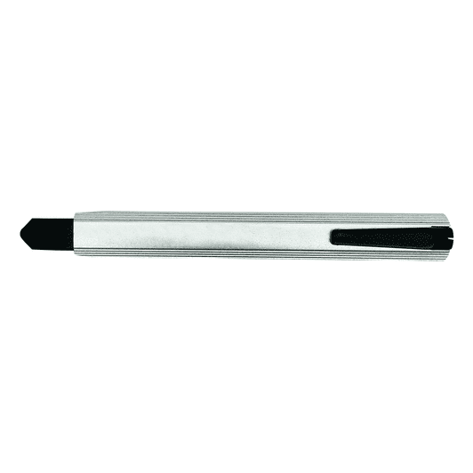 A silver slimline retractable box cutter with a black sliding mechanism and a keyring attachment.