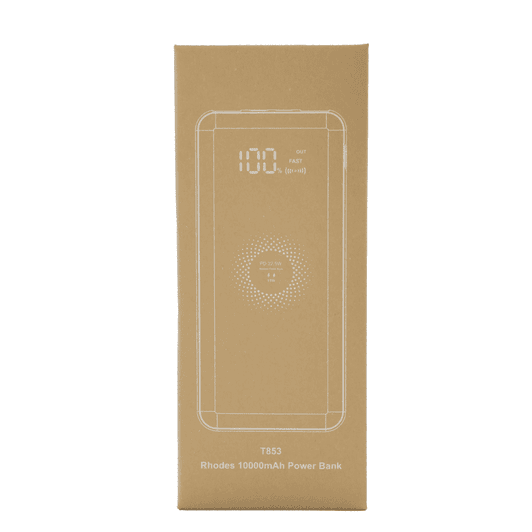 A brown box containing the Rhodes Power Bank, featuring a graphic design and a logo, with a digital display.