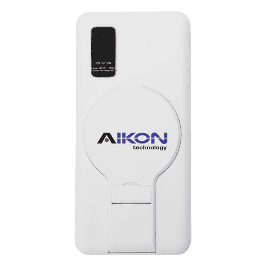 A white power bank with a circular pop-out stand and a logo, featuring a sleek, compact design.