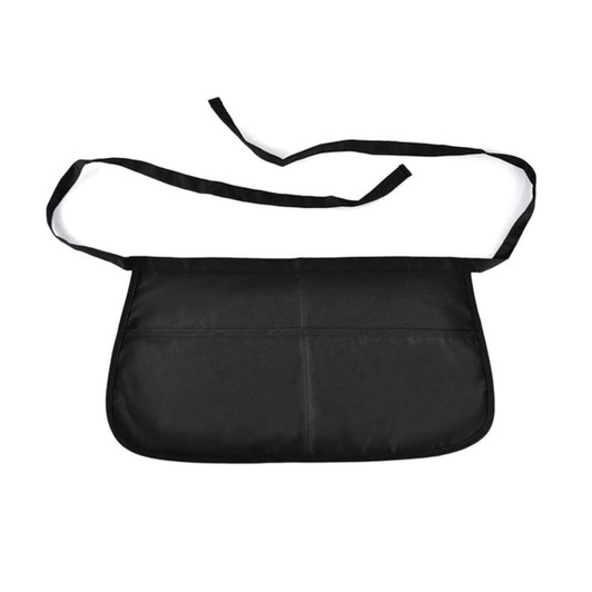 A black apron with adjustable ties and a smooth surface, featuring a simple design without additional embellishments.