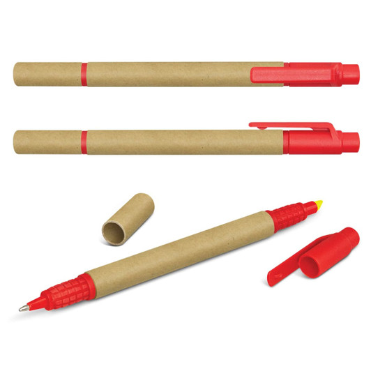 A set of Kraft pens with red accents, including highlighters and retractable pens, featuring a cardboard design.