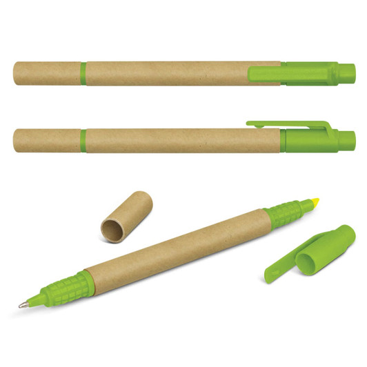 A set of Kraft Pen Highlighters in green and brown, featuring a logo, with caps on and off.