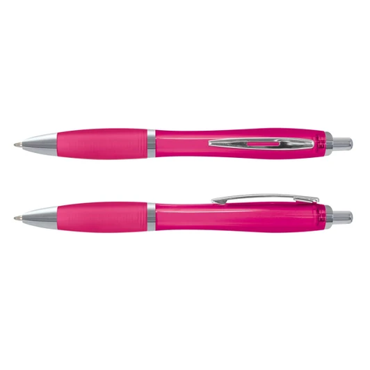 A translucent pink plastic pen with silver accents, featuring a smooth barrel and clip design.