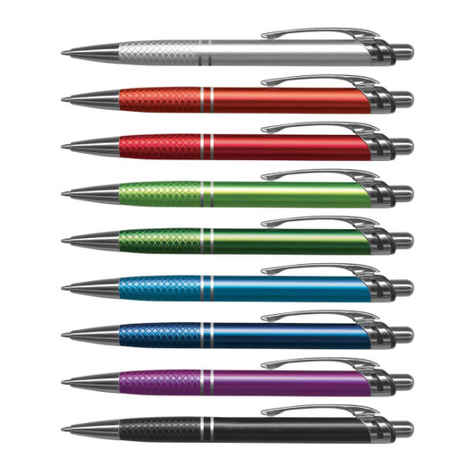 A collection of metal pens in various colours including white, red, green, blue, and purple, featuring silver accents.