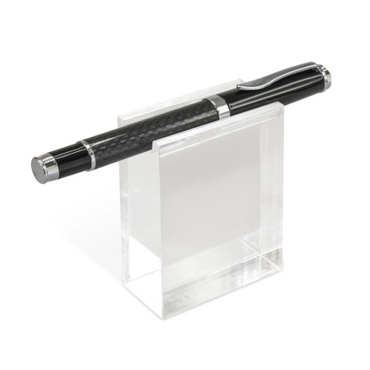 A black pen displayed on a clear acrylic stand, showcasing its sleek design. The stand is simple and modern.