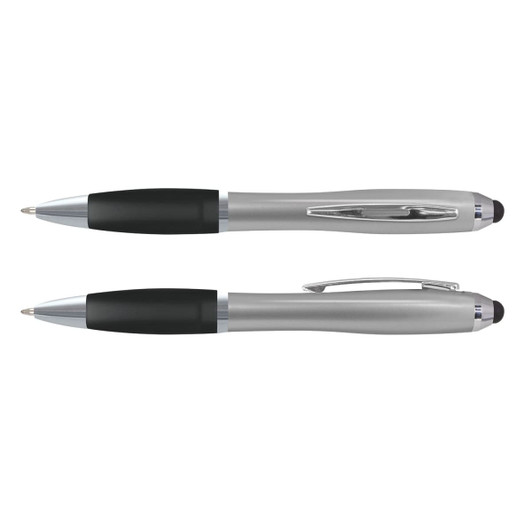 A sleek silver stylus pen with a black grip and a clip, featuring a branding logo.