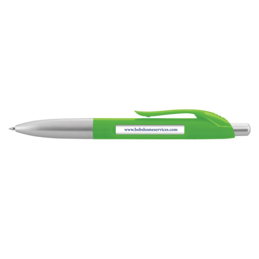 A green plastic pen with a silver clip and tip, featuring a printed website URL on the barrel.