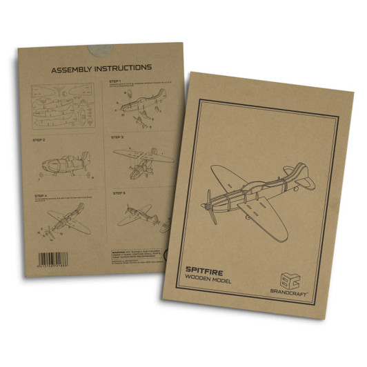 A brown packaging featuring assembly instructions for a wooden model of a Spitfire airplane with illustrations.