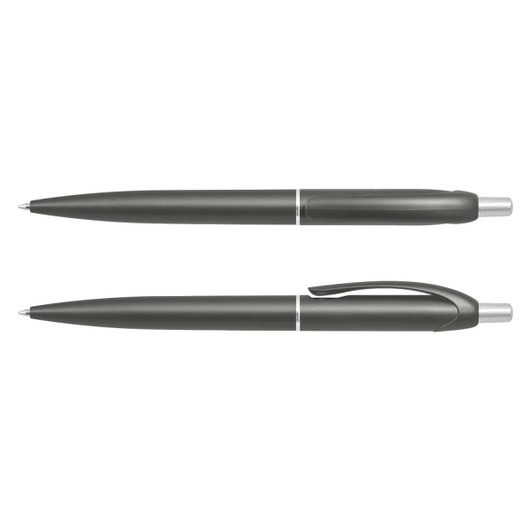 Two grey plastic pens with silver accents and clip. One pen is capped while the other has a visible nib.