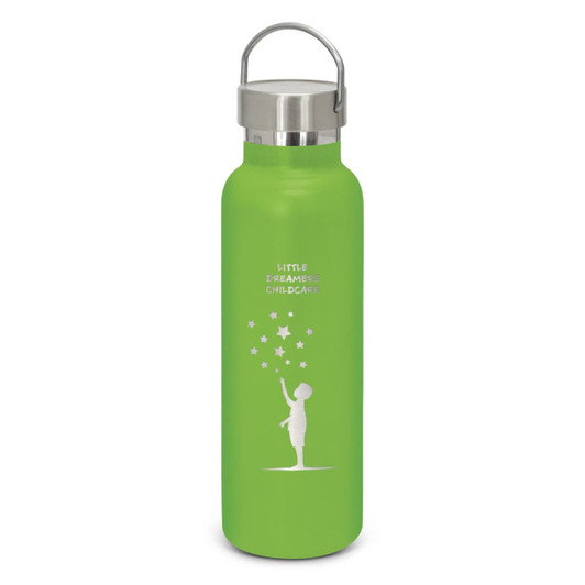 A drink bottle in bright green with a stainless steel cap and an engraved design featuring a child and stars.