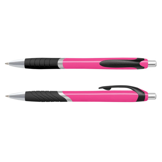 A set of pink plastic pens with black grips and silver accents, featuring a logo on the barrel.