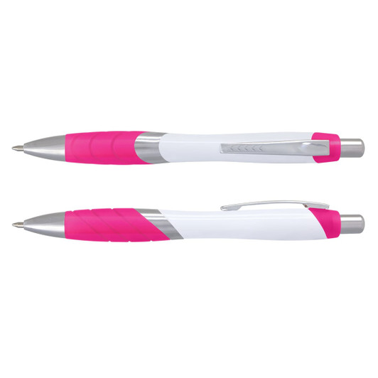 A pen with a white barrel and bright pink rubber grip, featuring silver accents and a clip.