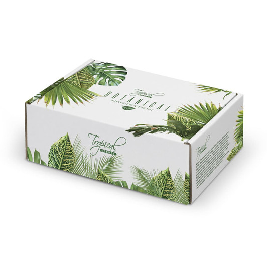 A box with a locking lid, featuring a botanical design in green and white, suitable for packaging.