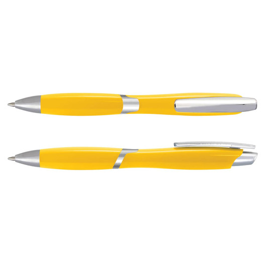 A yellow plastic pen with a silver clip and accents, featuring a sleek design. The image displays two angles of the pen.