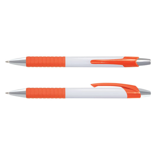 A plastic pen with a white barrel and orange accents, featuring a textured grip and a branding logo.