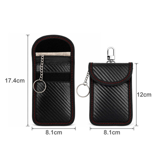 A black carbon fibre Faraday key pouch with red stitching, featuring a keyring and a clip.