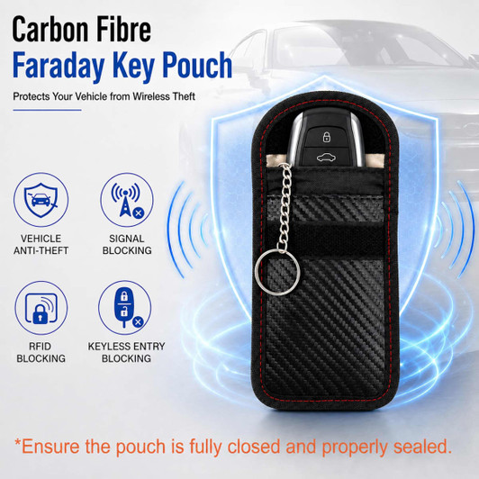 A carbon fibre pouch for keys featuring a black design with red stitching and a key ring. Includes a logo.