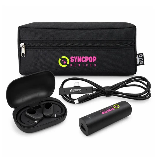 A black tech pouch contains wireless earbuds, a charging case, and a USB cable, featuring a logo.