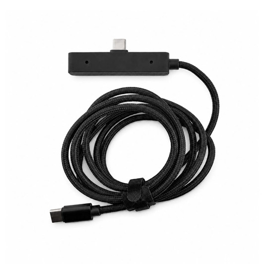 A black charging cable with a textured finish and a connector at each end, featuring a logo.