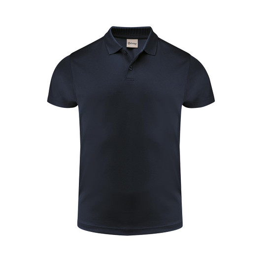 A navy blue men's polo shirt with a collar and short sleeves, featuring a branding logo.