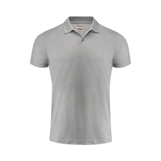 A light grey polo shirt with a collar and short sleeves. The shirt features a branding logo.