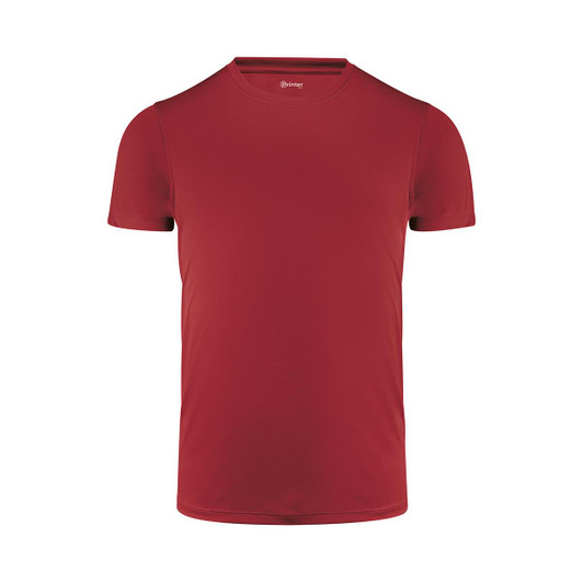 A red men's active tee with a crew neckline and short sleeves, featuring a logo on the neckline.