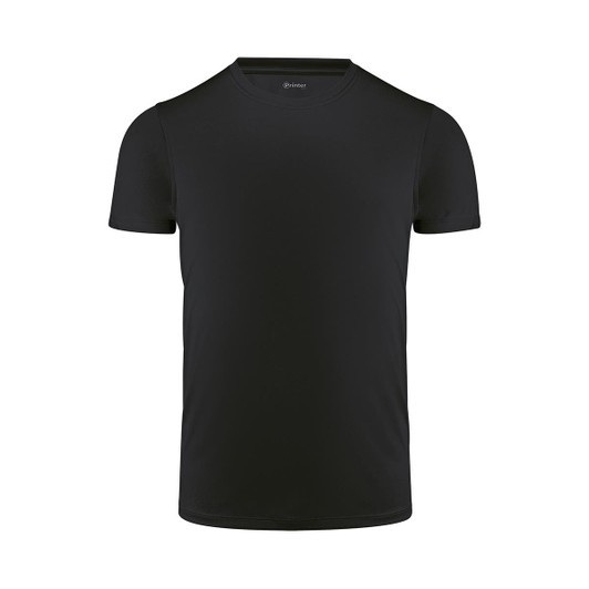 A black men's active tee with short sleeves and a round neckline, featuring a logo on the collar.