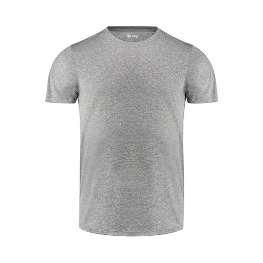 A grey men's active T-shirt with a round neck and short sleeves, featuring a logo.