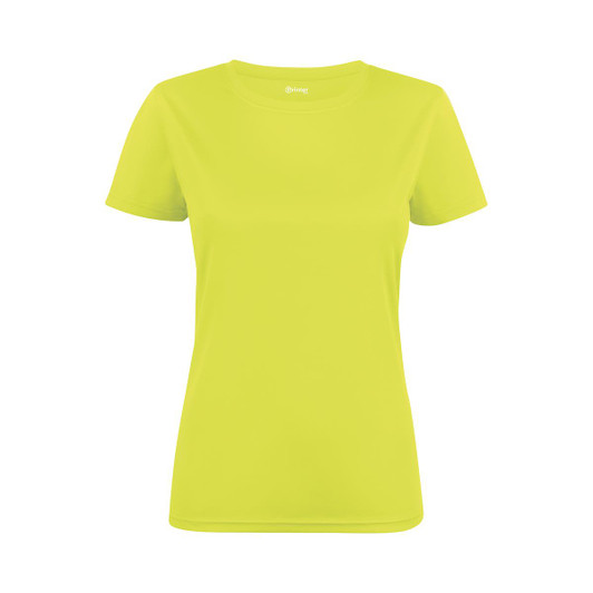 A bright yellow women's active tee with short sleeves and a fitted design. It features a logo on the front.